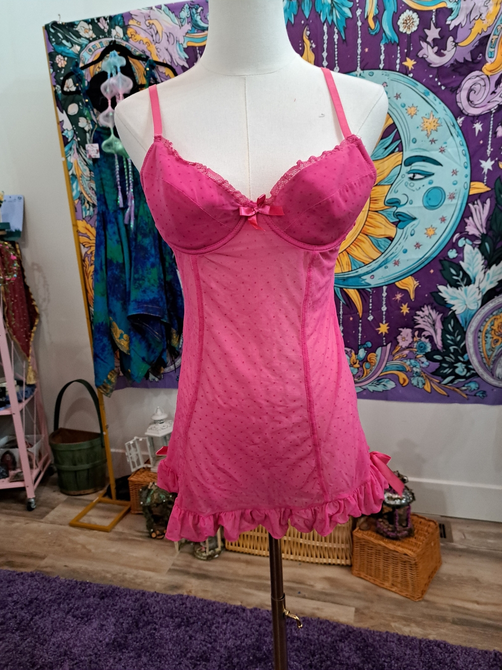 Pixie Peep Show Hot Pink Dotted Mesh Babydoll Lingerie Open Back Ruffle Baci